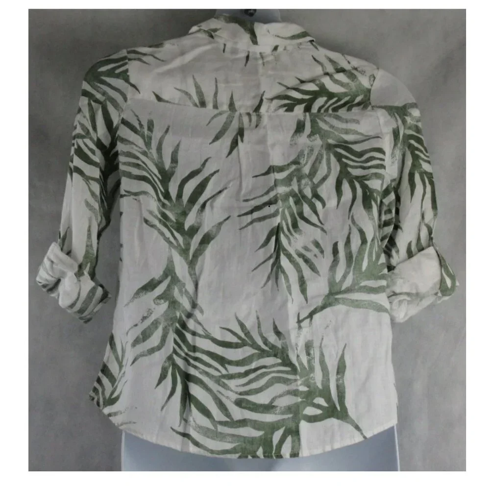 Charter Club Women's Petite 100% Linen Button-Front Shirt, White Green, PM - Picture 2 of 6